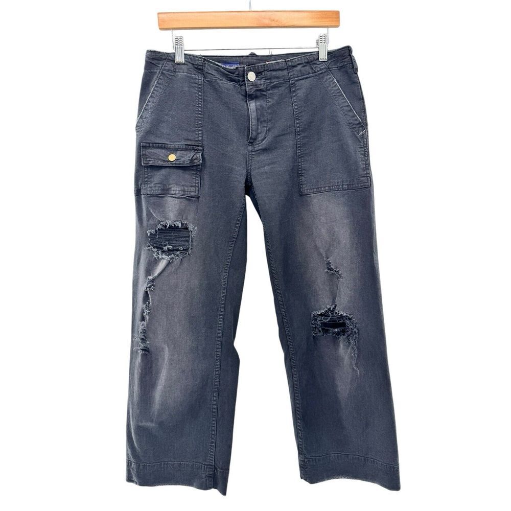 Pilcro Pants Womens 27 Black Cargo Distressed Wide Leg Ankle Cropped Canvas‎